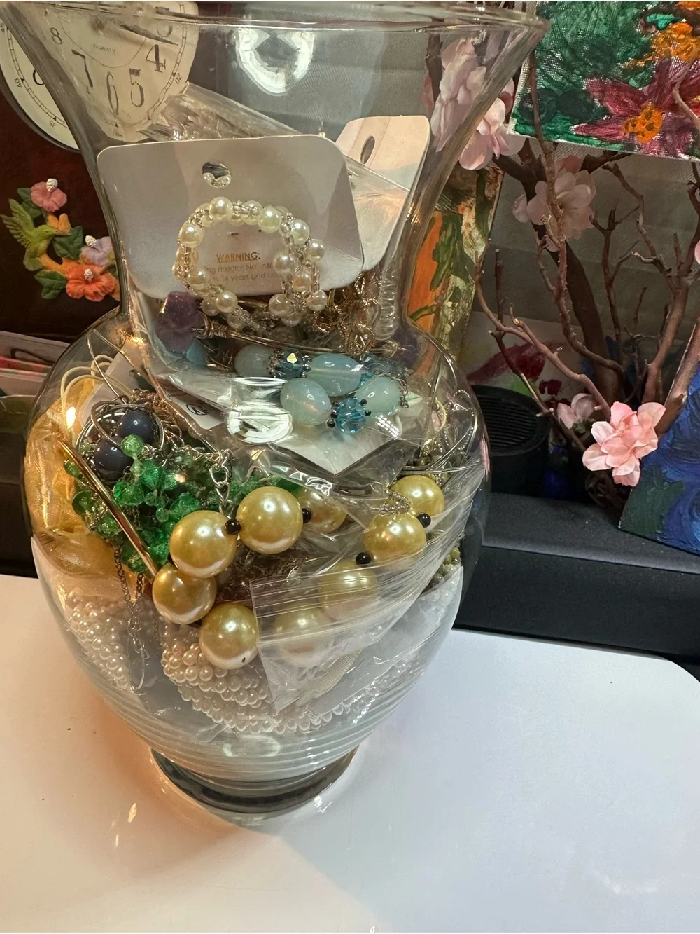 Glass Decorative Vase Filled with Gold and Pearl Accents - Unbranded